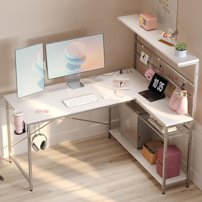 51" L-Shaped Gaming Desk with LED Lights, Power Outlets & 4-Tier Storage
