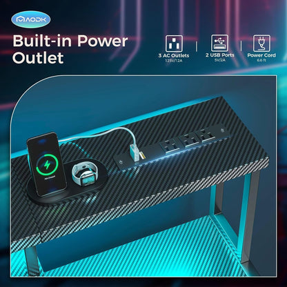 Computer Desk, 48 Inch Gaming Desk with Led Lights & Power Outlet,
