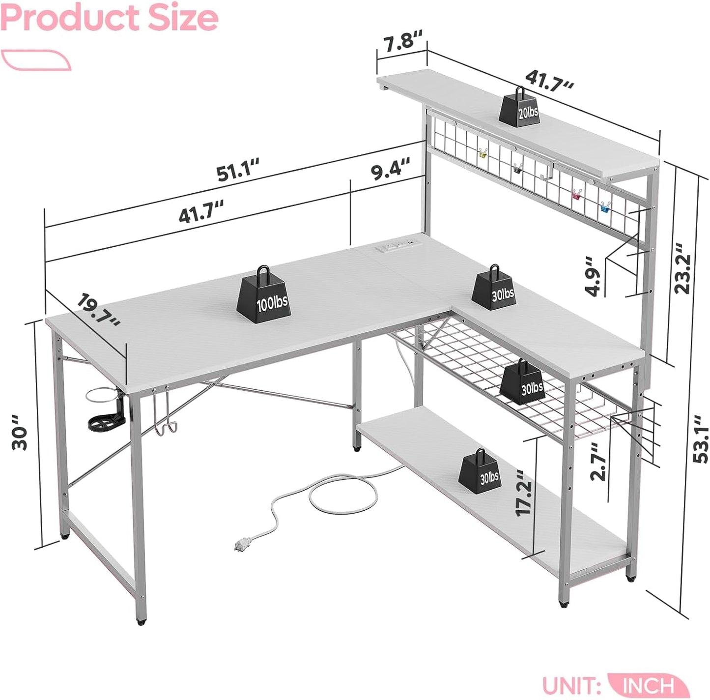 51" L-Shaped Gaming Desk with LED Lights, Power Outlets & 4-Tier Storage