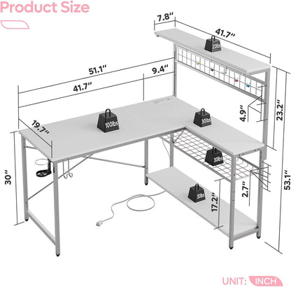 51" L-Shaped Gaming Desk with LED Lights, Power Outlets & 4-Tier Storage