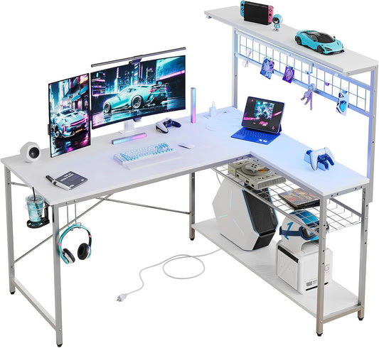 51" L-Shaped Gaming Desk with LED Lights, Power Outlets & 4-Tier Storage