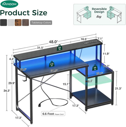 Computer Desk, 48 Inch Gaming Desk with Led Lights & Power Outlet,