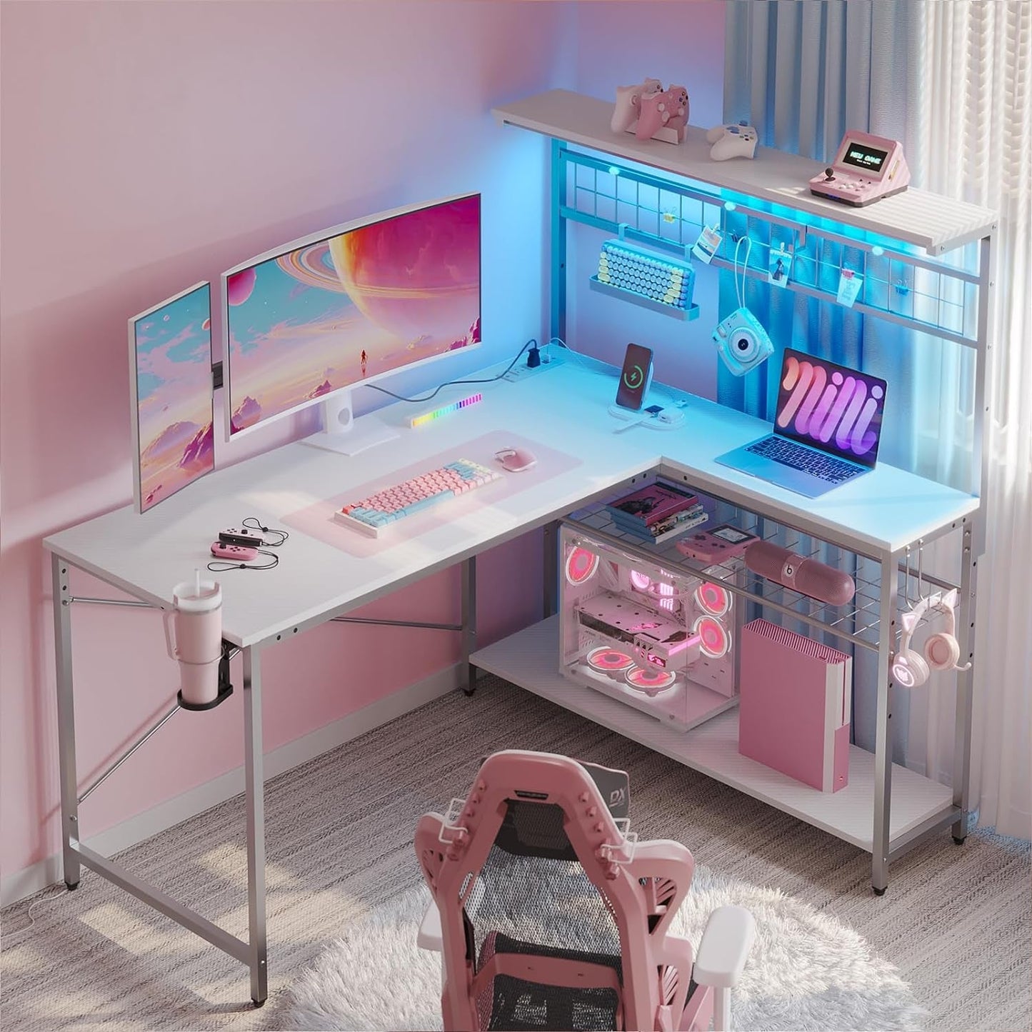 51" L-Shaped Gaming Desk with LED Lights, Power Outlets & 4-Tier Storage